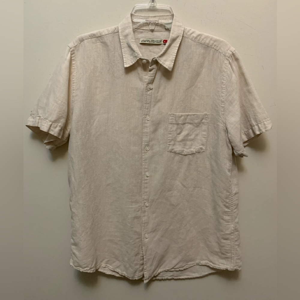 PRIVATE MEMBER Men's Beige Linen Blend Short Sleeve Shirt
